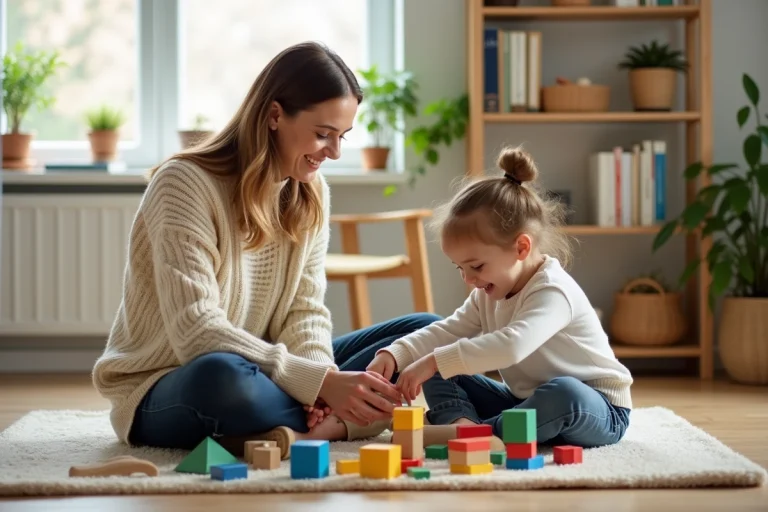 Mère et fille jouant ensemble dans un salon chaleureux, illustrant l'épanouissement familial au quotidien