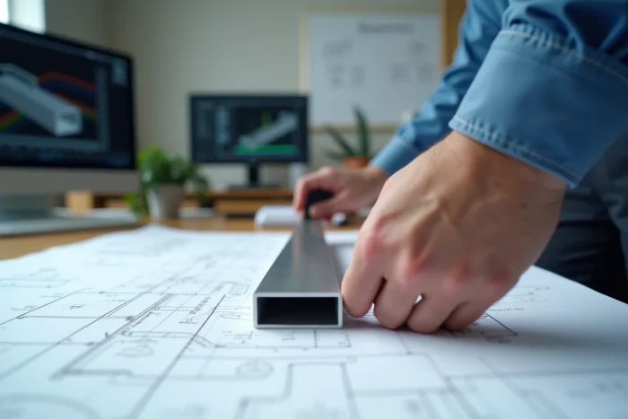 Technicien mesurant l'épaisseur d'un tube rectangulaire en aluminium avec un pied à coulisse sur un plan de structure