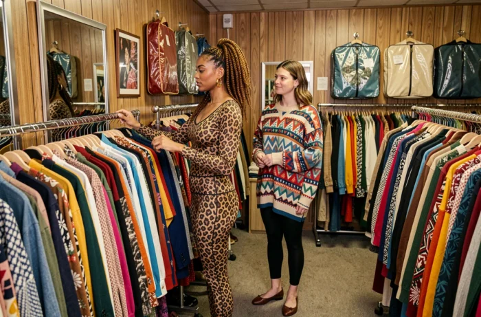 Deux femmes aux tenues typiques des années 80 en train de fouiller des vêtements vintage dans une boutique rétro colorée