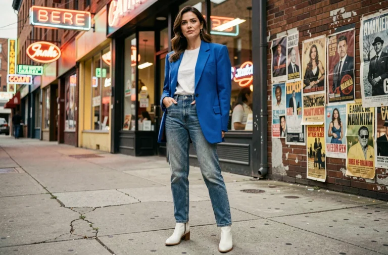 Femme en blazer bleu électrique à épaulettes et jean acid-wash évoquant la mode des années 80 dans une rue vintage