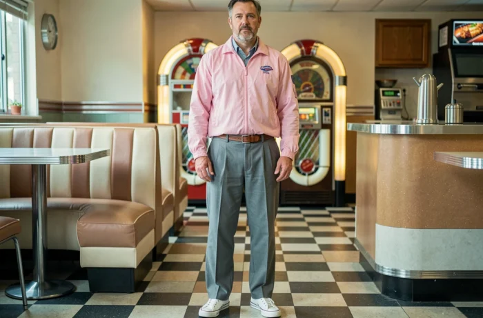 Homme en coupe-vent pastel et pantalon plissé dans un diner rétro représentant la mode masculine des années 80