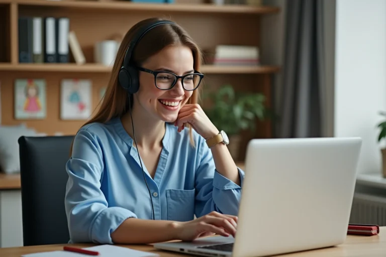 Jeune femme orthophoniste souriante en téléconsultation