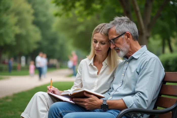 Deux parents discutant ensemble dans un parc, illustrant le soutien mutuel et les conseils pour l'équilibre familial