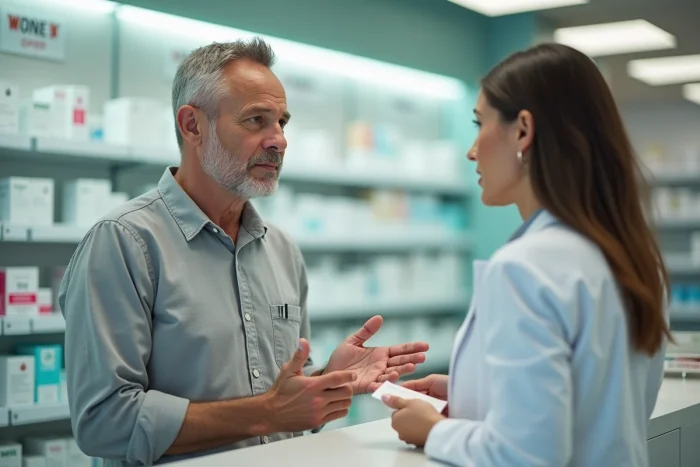 Patient consultant un pharmacien au sujet d'un dosage trop élevé de lévothyroxine et de ses symptômes
