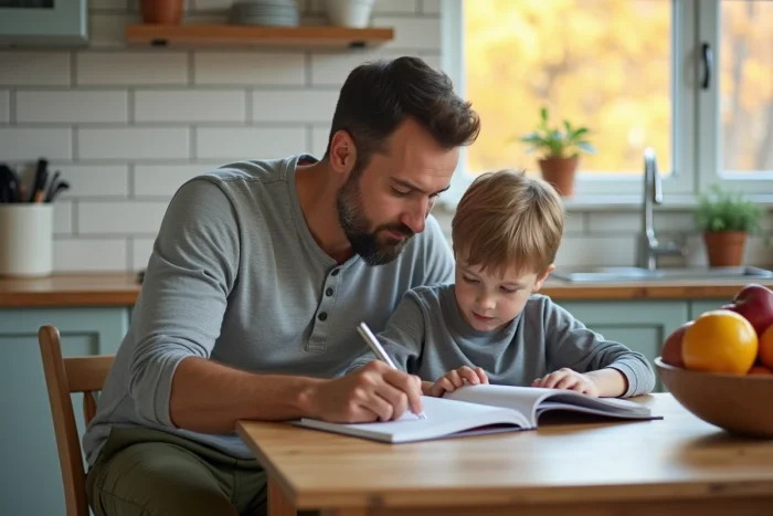 Père aidant son fils à faire ses devoirs à la table de cuisine, symbolisant l'accompagnement parental au quotidien