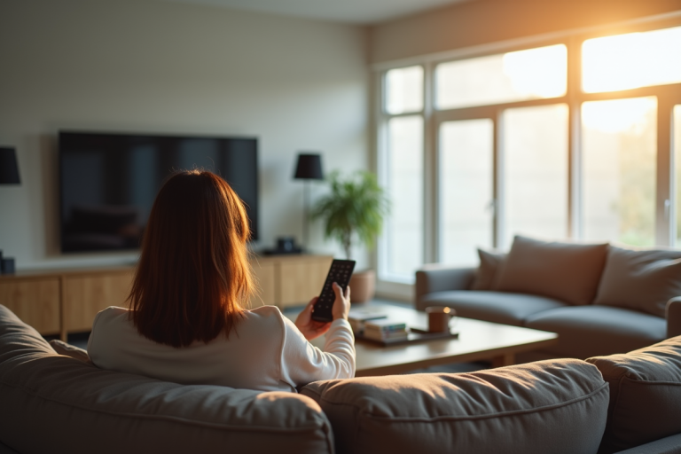 Personne assise sur un canapé moderne regardant un écran blanc