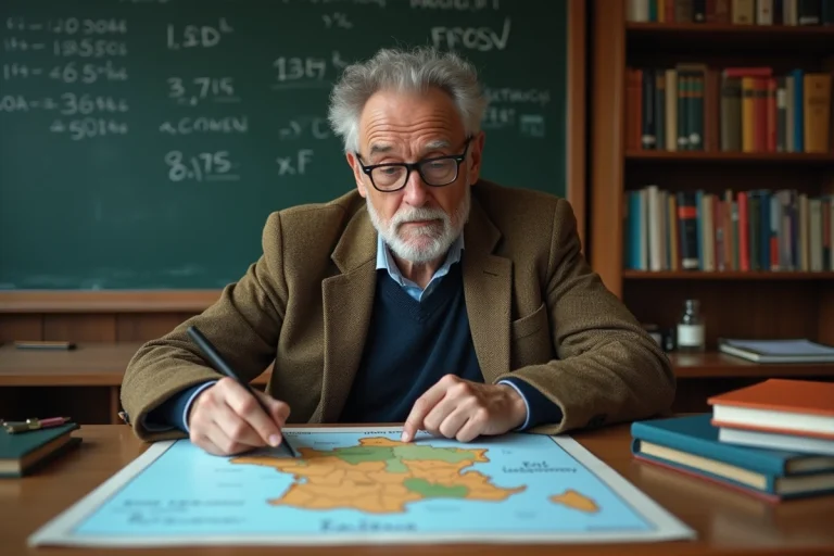 Professeur français examinant une carte de France en classe