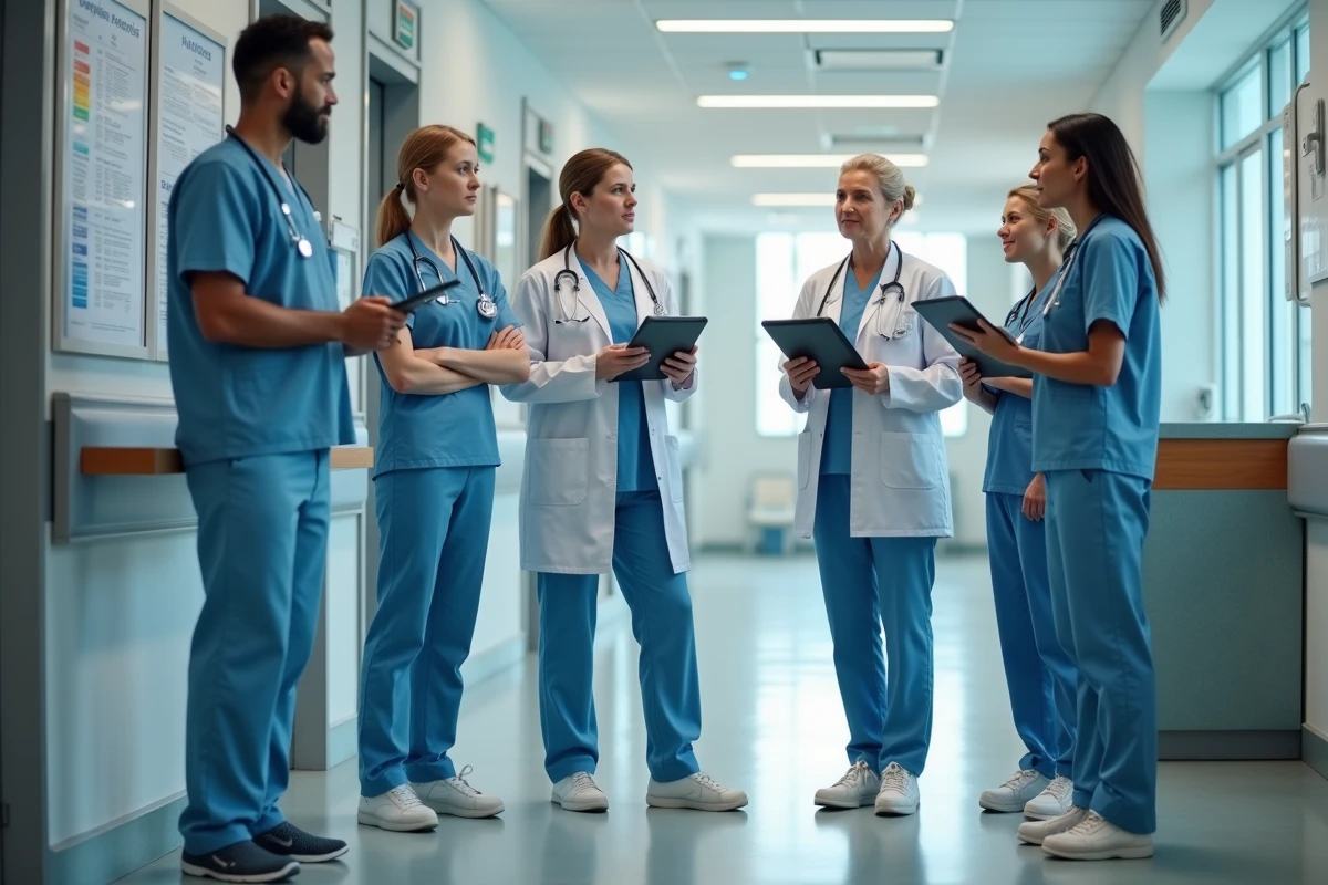 Professionnels de santé discutant dans le hall d hospital