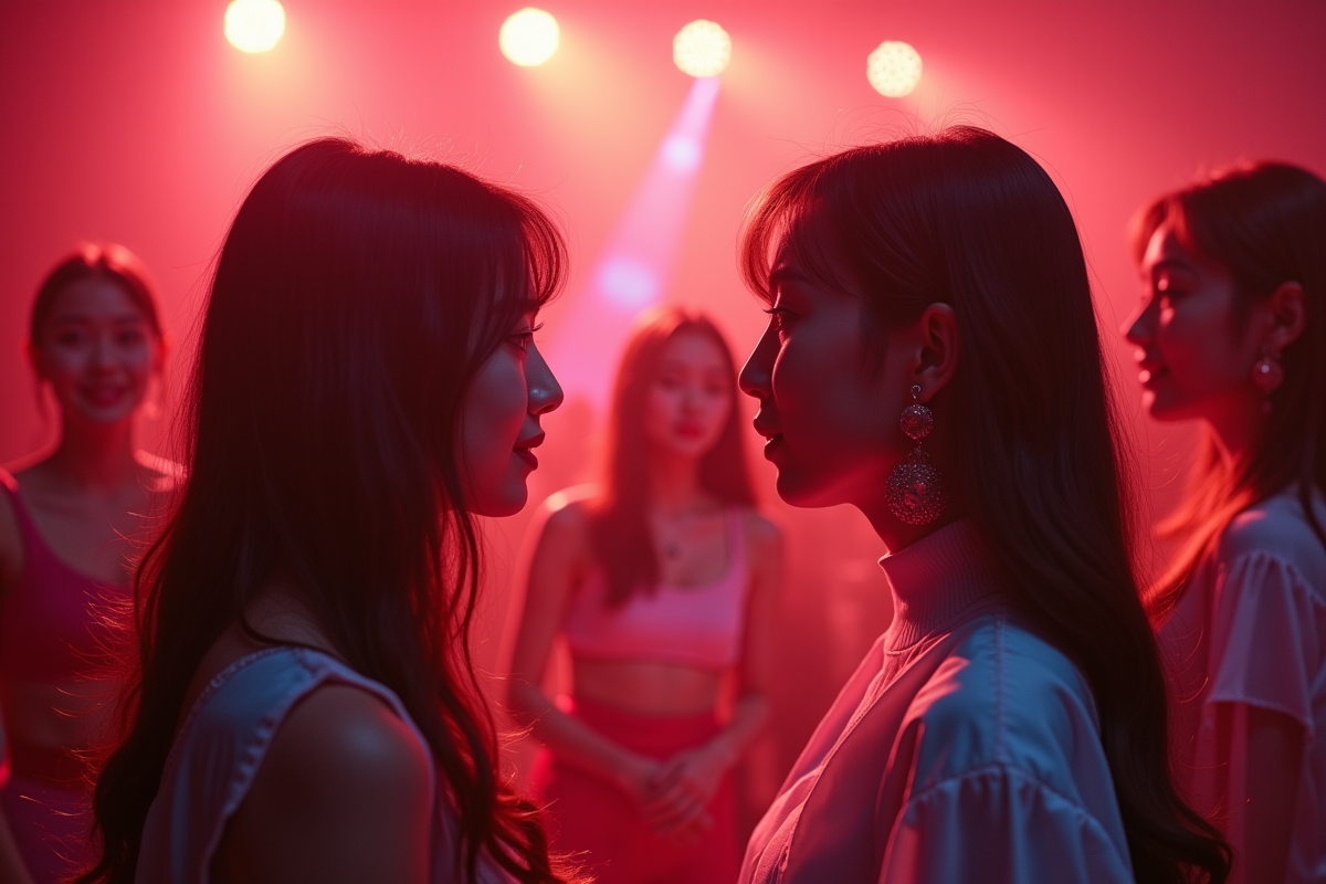 Moment backstage entre deux groupes Kpop en interaction chaleureuse