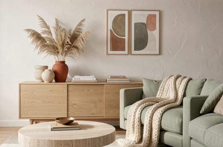 Salon contemporain de style scandinave avec canapé vert sauge, table en travertin et décoration en céramique terracotta pour un intérieur tendance