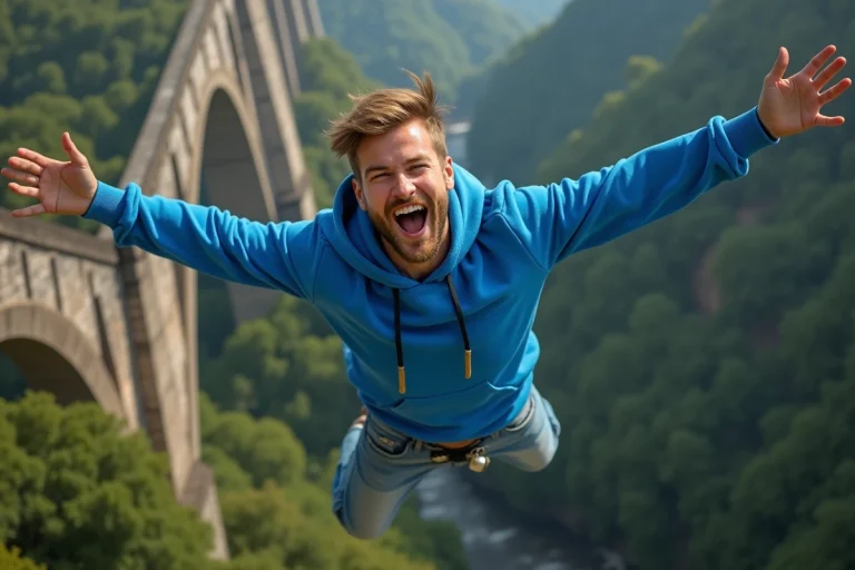 Jeune homme en plein saut en bungee au viaduc de Claudon