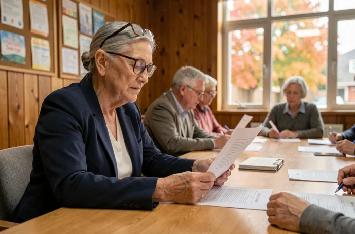 Femme senior engagée lors d'une réunion associative, examinant des documents bénévoles dans une salle communautaire chaleureuse