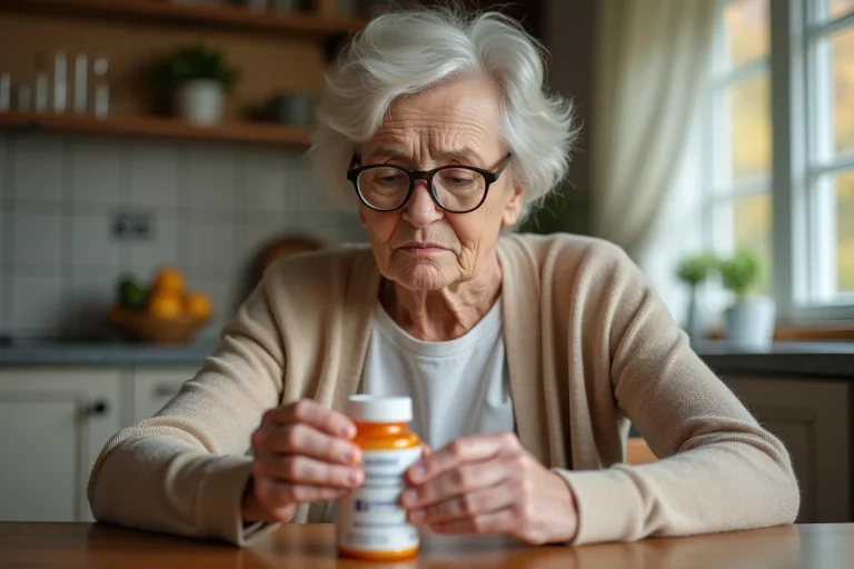 Femme senior lisant l'étiquette d'un complément vitaminé Azinc à la maison, illustrant la vigilance face aux effets secondaires