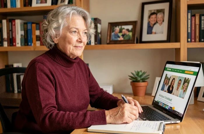 Femme senior recherchant des missions bénévoles en ligne depuis son bureau à domicile, engagement associatif numérique pour retraités