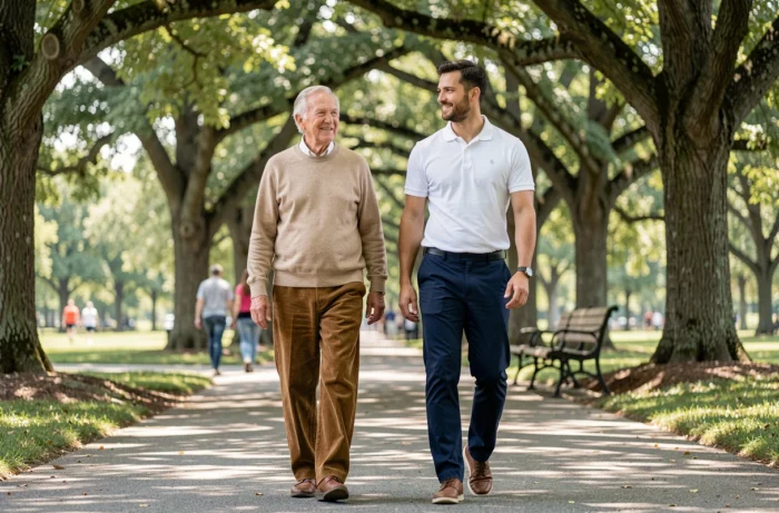 Un senior se promenant dans un parc accompagné par un auxiliaire de vie masculin