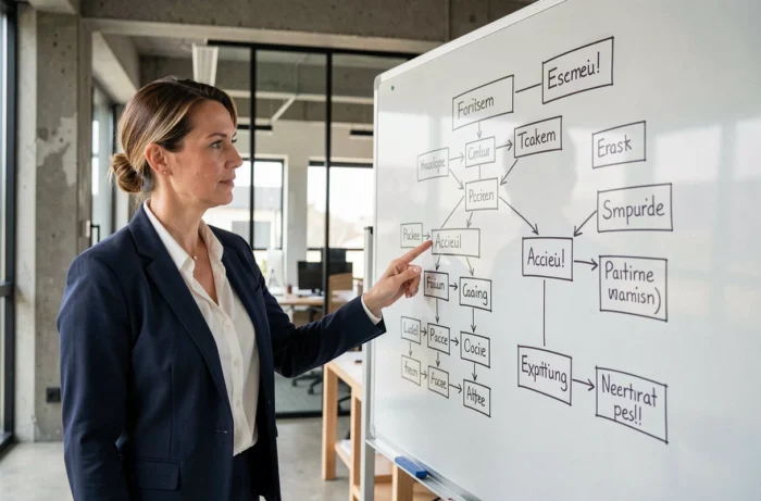 Femme professionnelle présentant la structure du site iqbusiness.fr sur un tableau blanc avec diagramme de sitemap