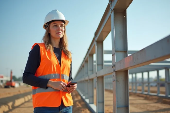Ingénieure en structure debout devant une ossature de tubes rectangulaires en aluminium sur un chantier extérieur