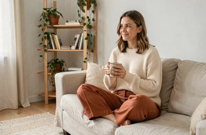 Femme décontractée en pull en maille crème assise sur un canapé en lin dans un intérieur scandinave minimaliste, incarnant un style de vie authentique et personnel