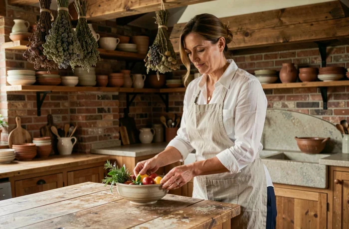 Femme mature en tablier de lin arrangeant des fruits et herbes dans une cuisine rustique chaleureuse, symbole d'un style de vie lent, intentionnel et personnel