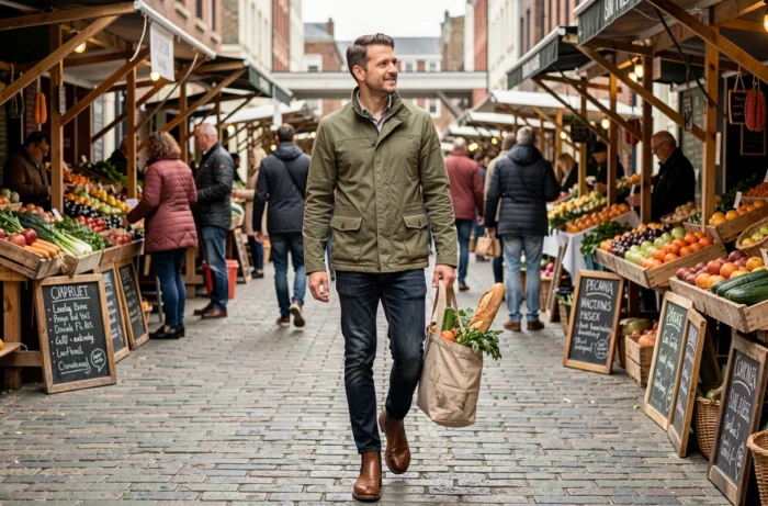 Homme élégant et décontracté en veste olive traversant un marché de producteurs urbain un matin de week-end, illustrant un art de vivre ancré et conscient