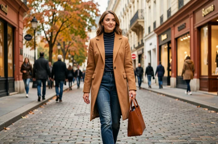 Femme élégante en manteau camel marchant dans une rue pavée parisienne, look mode automne tendance