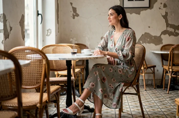 Femme en robe midi fleurie assise dans un café parisien, style mode féminine élégante et décontractée
