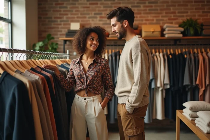 Deux amis aux tenues tendance parcourant les rayons d'une boutique de mode indépendante chaleureuse, styles saisonniers