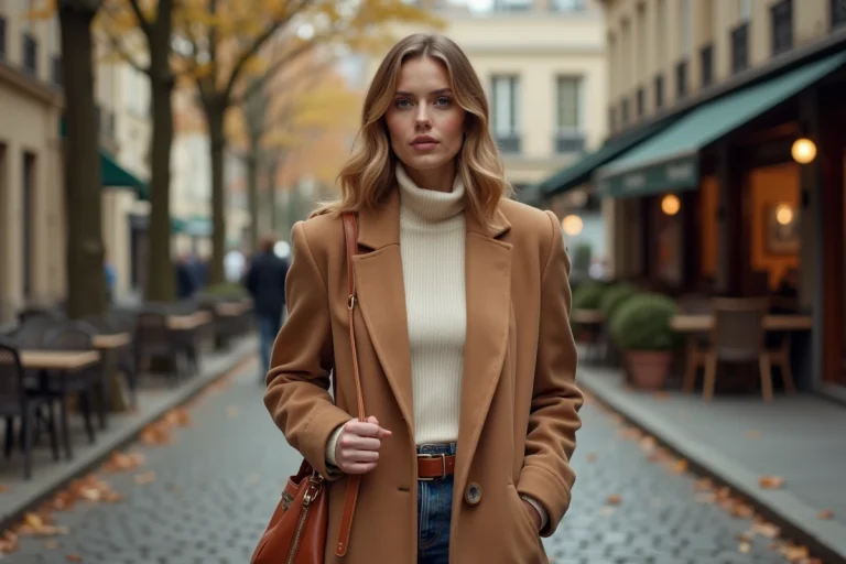 Femme élégante en manteau camel et col roulé crème dans une rue pavée parisienne en automne, tendances mode saison