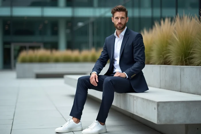 Homme stylé en costume marine slim et sneakers blancs assis dans un espace urbain moderne, tendances mode masculine saison