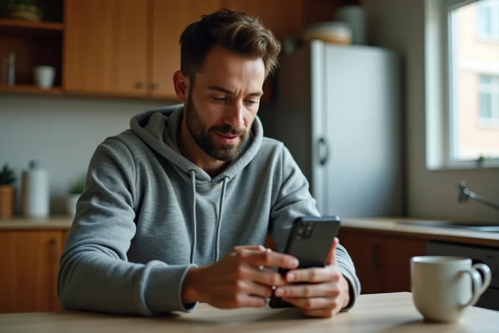 Homme consultant les plafonds de transfert Western Union sur son smartphone dans sa cuisine
