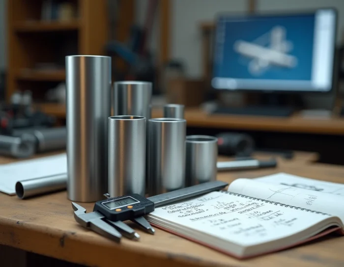 Tubes en aluminium de différents diamètres avec pied à coulisse et calculs de résistance sur un établi