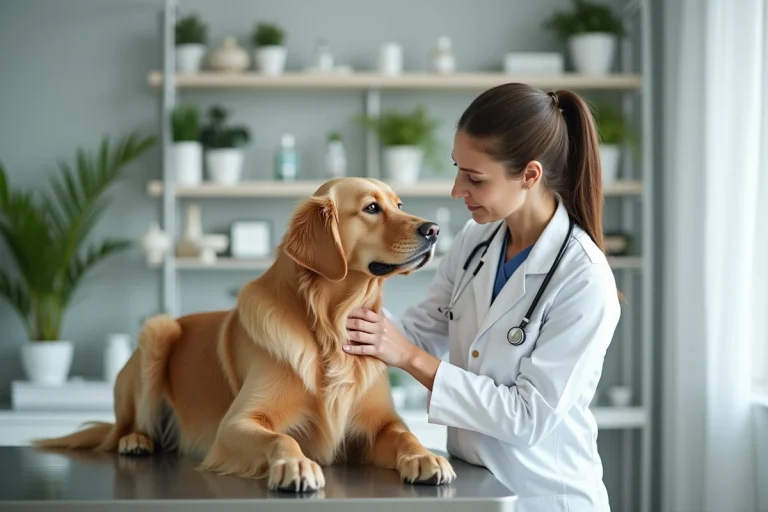 Vétérinaire examinant un golden retriever dans une clinique vétérinaire moderne, symbolisant la protection et le soin des animaux