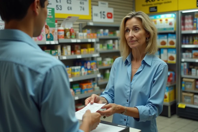 Femme effectuant un virement Western Union au guichet d'un commerce avec des billets en main